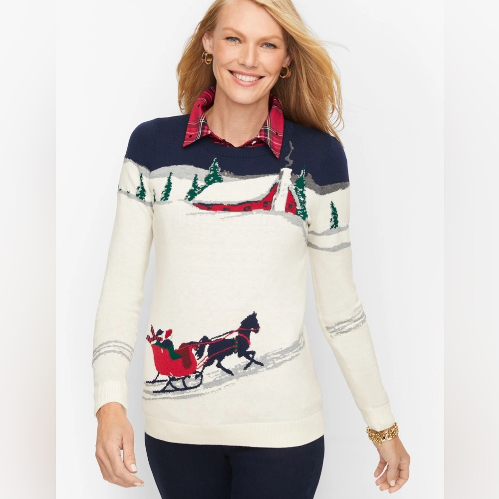 Talbots sweater Winter sleigh ride HORSE• cabin• red blue off-white large petite